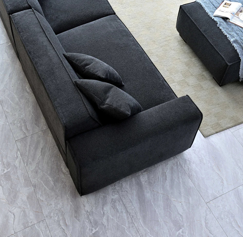 Aluxo Crawford Midnight Black Boucle Sofa with Chaise Footstool | 4 Seater